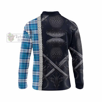 Roberton Tartan Long Sleeve Polo Shirt with Family Crest Cross Sword Thistle Celtic Vibes - Tartan Vibes Clothing