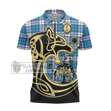 Roberton Tartan Zipper Polo Shirt with Family Crest Celtic Wolf Style - Tartan Vibes Clothing