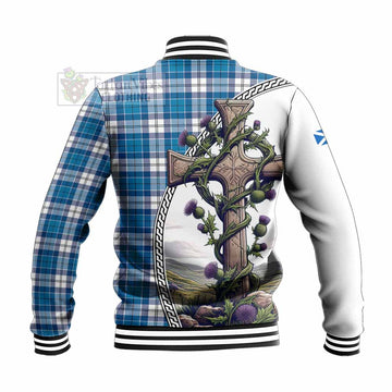Roberton Tartan Baseball Jacket with Family Crest and St. Andrew's Cross Accented by Thistle Vines - Tartan Vibes Clothing