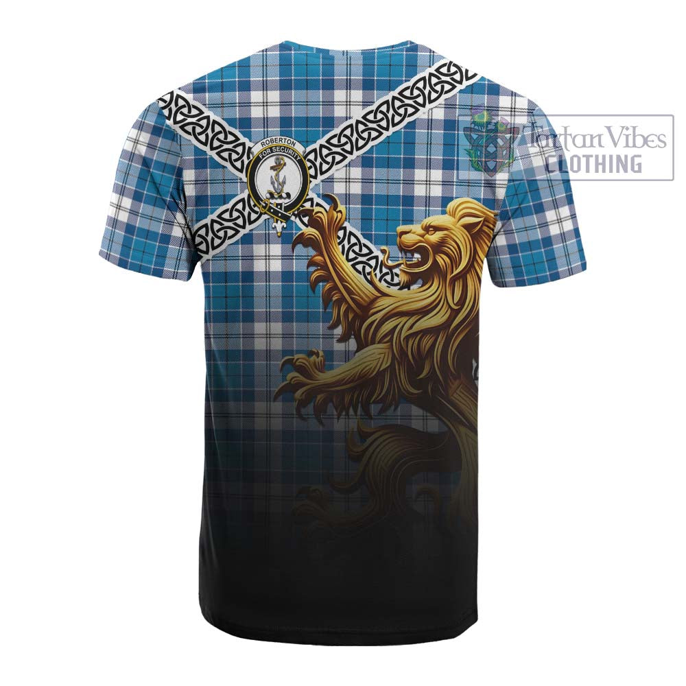 Roberton Crest Tartan Cotton T-shirt with Golden Lion Emblem Celtic Style - Tartan Vibes Clothing