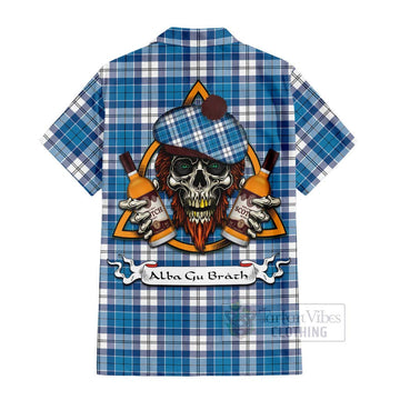 Roberton Tartan Hawaiian Shirt with Family Crest and Bearded Skull Holding Bottles of Whiskey - Tartan Vibes Clothing