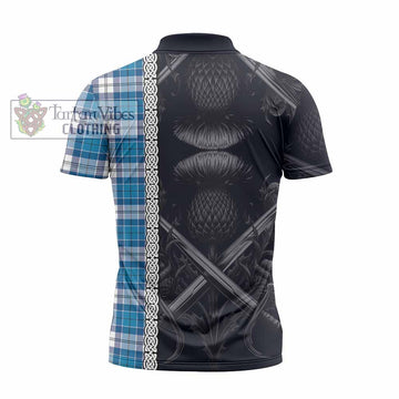 Roberton Tartan Zipper Polo Shirt with Family Crest Cross Sword Thistle Celtic Vibes - Tartan Vibes Clothing