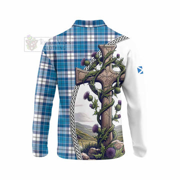 Roberton Tartan Long Sleeve Polo Shirt with Family Crest and St. Andrew's Cross Accented by Thistle Vines - Tartan Vibes Clothing