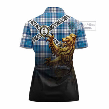 Roberton Crest Tartan Women's Polo Shirt with Golden Lion Emblem Celtic Style - Tartan Vibes Clothing