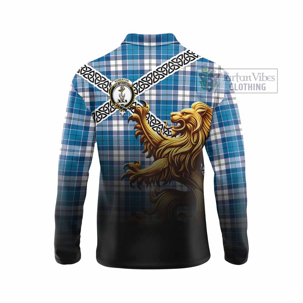 Roberton Crest Tartan Long Sleeve Polo Shirt with Golden Lion Emblem Celtic Style - Tartan Vibes Clothing