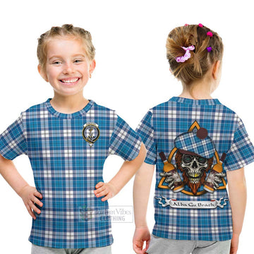 Roberton Tartan Kid T-Shirt with Family Crest and Bearded Skull Holding Bottles of Whiskey - Tartan Vibes Clothing