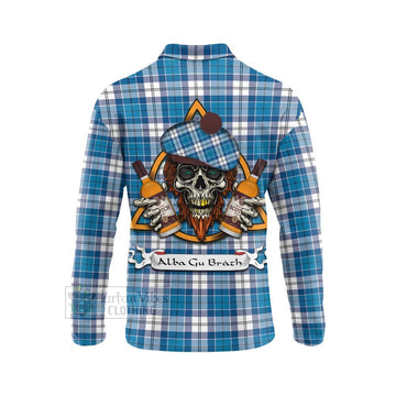 Roberton Tartan Long Sleeve Polo Shirt with Family Crest and Bearded Skull Holding Bottles of Whiskey - Tartan Vibes Clothing
