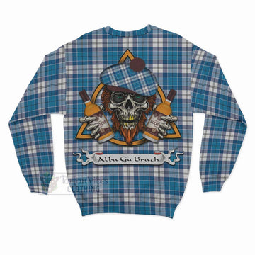 Roberton Tartan Sweatshirt with Family Crest and Bearded Skull Holding Bottles of Whiskey - Tartan Vibes Clothing