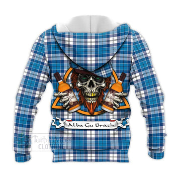 Roberton Tartan Knitted Hoodie with Family Crest and Bearded Skull Holding Bottles of Whiskey - Tartan Vibes Clothing