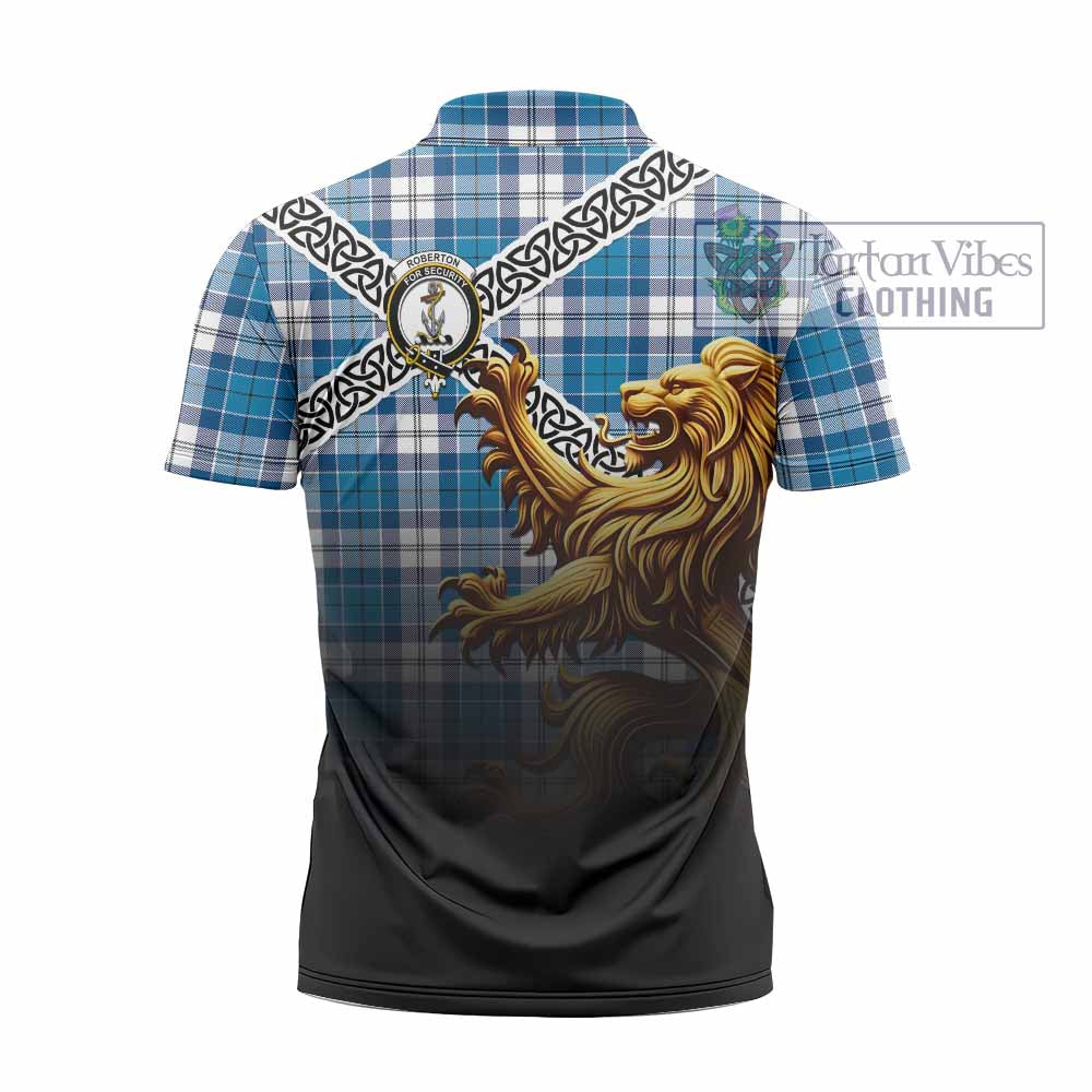 Roberton Crest Tartan Zipper Polo Shirt with Golden Lion Emblem Celtic Style - Tartan Vibes Clothing