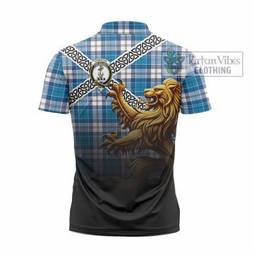 Roberton Crest Tartan Zipper Polo Shirt with Golden Lion Emblem Celtic Style - Tartan Vibes Clothing