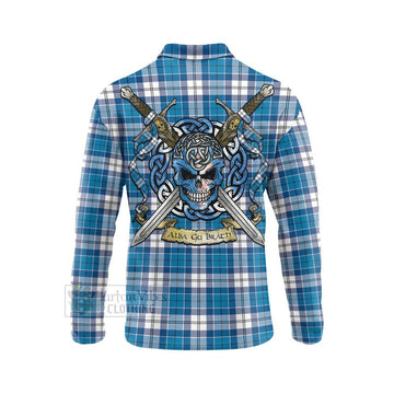 Roberton Tartan Long Sleeve Polo Shirt with Family Crest Celtic Skull Style - Tartan Vibes Clothing