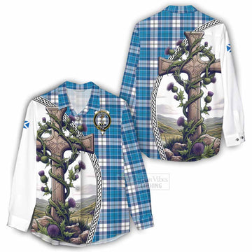 Roberton Tartan Women's Casual Shirt with Family Crest and St. Andrew's Cross Accented by Thistle Vines - Tartan Vibes Clothing