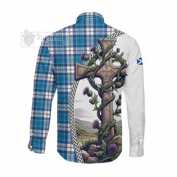Roberton Tartan Long Sleeve Button Shirt with Family Crest and St. Andrew's Cross Accented by Thistle Vines Men's Shirt - Tartan Vibes Clothing