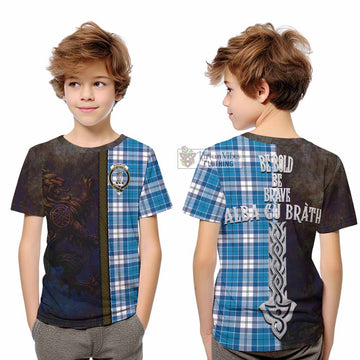 Roberton Tartan Family Crest Kid T-Shirt Alba Gu Brath Be Brave Lion Ancient Style