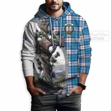 Roberton Tartan Hoodie with Family Crest and St. Andrew's Cross Accented by Thistle Vines - Tartan Vibes Clothing