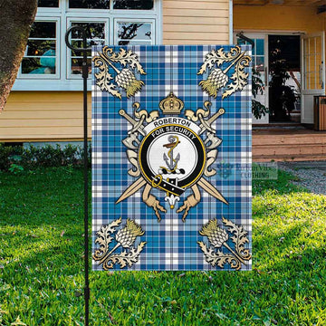 Roberton Tartan Garden Flag with Family Crest and Golden Thistle Crossed Sword Design