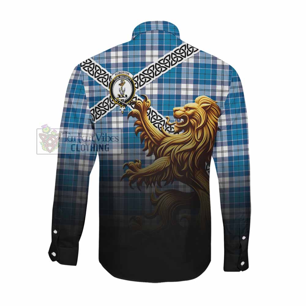 Roberton Crest Tartan Long Sleeve Button Shirt with Golden Lion Emblem Celtic Style Men's Shirt - Tartan Vibes Clothing