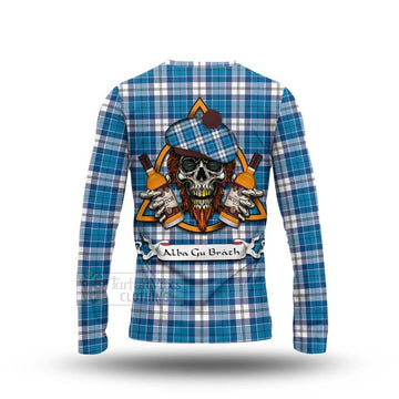 Roberton Tartan Long Sleeve T-Shirt with Family Crest and Bearded Skull Holding Bottles of Whiskey - Tartan Vibes Clothing