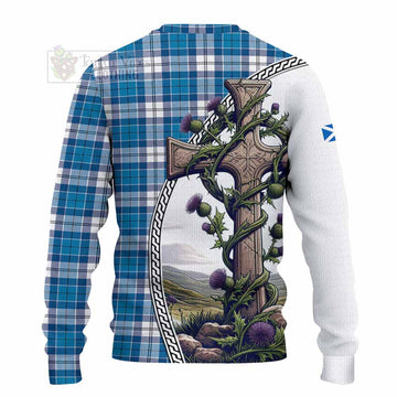 Roberton Tartan Knitted Sweater with Family Crest and St. Andrew's Cross Accented by Thistle Vines - Tartan Vibes Clothing