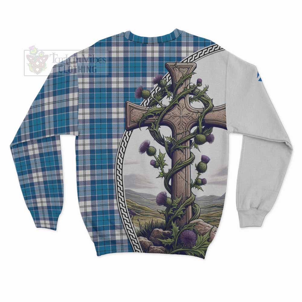 Roberton Tartan Sweatshirt with Family Crest and St. Andrew's Cross Accented by Thistle Vines - Tartan Vibes Clothing