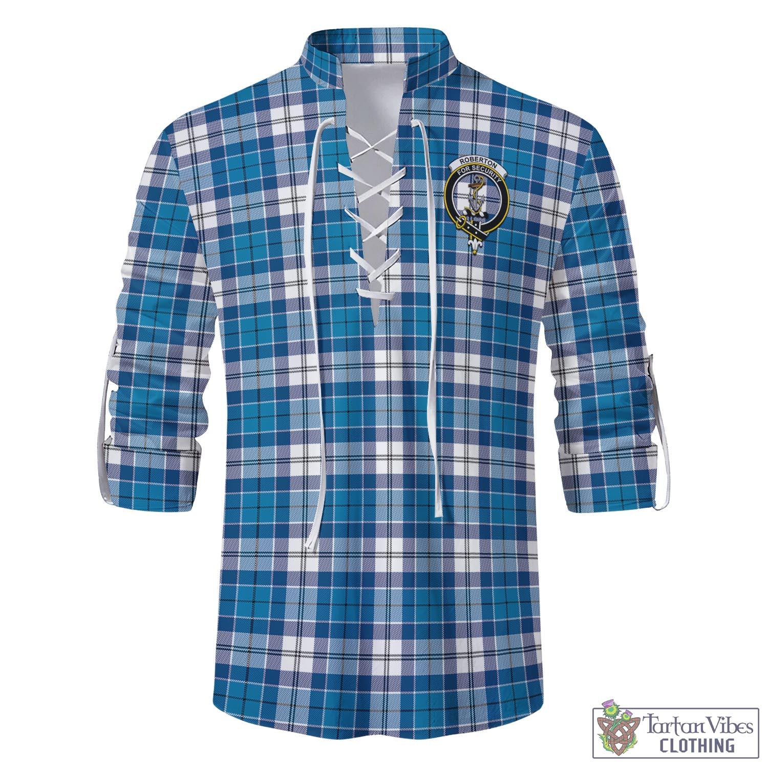 Tartan Vibes Clothing Roberton Tartan Men's Scottish Traditional Jacobite Ghillie Kilt Shirt with Family Crest