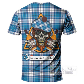 Roberton Tartan T-Shirt with Family Crest and Bearded Skull Holding Bottles of Whiskey - Tartan Vibes Clothing