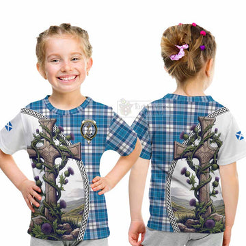 Roberton Tartan Kid T-Shirt with Family Crest and St. Andrew's Cross Accented by Thistle Vines - Tartan Vibes Clothing