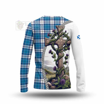 Roberton Tartan Long Sleeve T-Shirt with Family Crest and St. Andrew's Cross Accented by Thistle Vines - Tartan Vibes Clothing