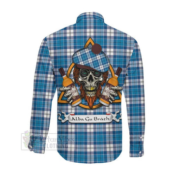 Roberton Tartan Long Sleeve Button Shirt with Family Crest and Bearded Skull Holding Bottles of Whiskey Men's Shirt - Tartan Vibes Clothing