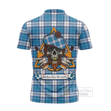 Roberton Tartan Zipper Polo Shirt with Family Crest and Bearded Skull Holding Bottles of Whiskey - Tartan Vibes Clothing