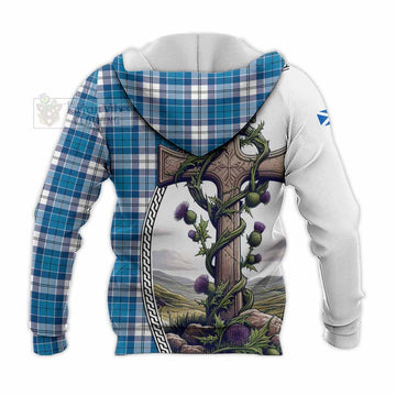 Roberton Tartan Knitted Hoodie with Family Crest and St. Andrew's Cross Accented by Thistle Vines - Tartan Vibes Clothing