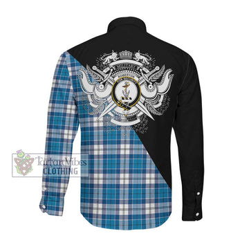 Roberton Tartan Long Sleeve Button Shirt with Family Crest and Military Logo Style Men's Shirt - Tartanvibesclothing Shop