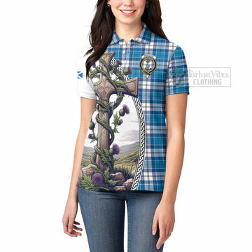 Roberton Tartan Women's Polo Shirt with Family Crest and St. Andrew's Cross Accented by Thistle Vines - Tartan Vibes Clothing