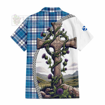 Roberton Tartan Hawaiian Shirt with Family Crest and St. Andrew's Cross Accented by Thistle Vines - Tartan Vibes Clothing
