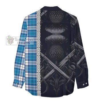 Roberton Tartan Women's Casual Shirt with Family Crest Cross Sword Thistle Celtic Vibes - Tartan Vibes Clothing