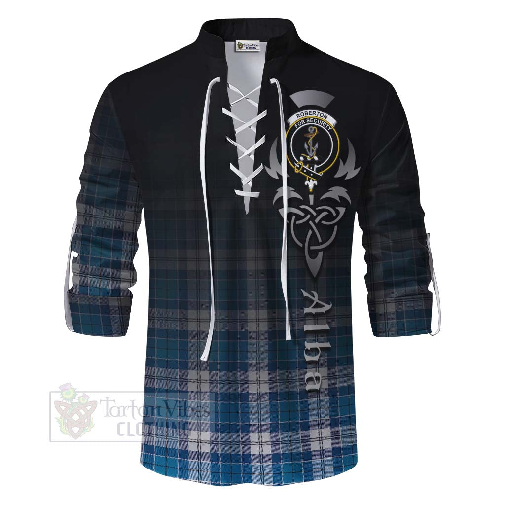 Tartan Vibes Clothing Roberton Tartan Ghillie Kilt Shirt Featuring Alba Gu Brath Family Crest Celtic Inspired