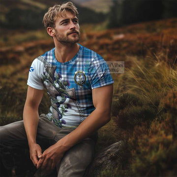 Roberton Tartan T-Shirt with Family Crest and St. Andrew's Cross Accented by Thistle Vines - Tartan Vibes Clothing