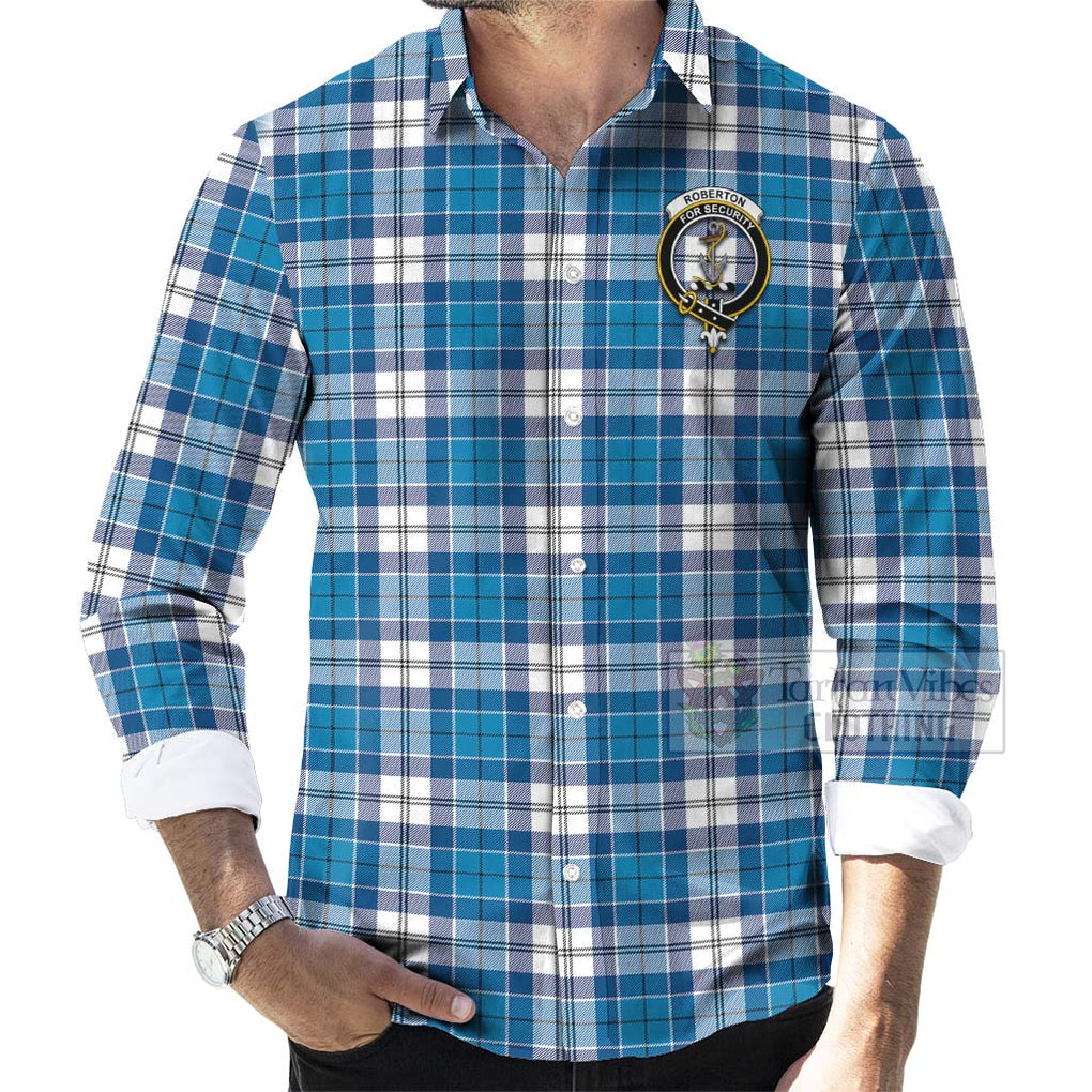 Roberton Tartan Long Sleeve Button Shirt with Family Crest Celtic Skull Style - Tartan Vibes Clothing