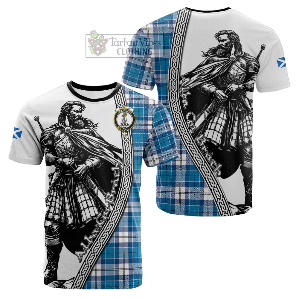 Roberton Tartan Clan Crest Cotton T-shirt with Highlander Warrior Celtic Style - Tartan Vibes Clothing