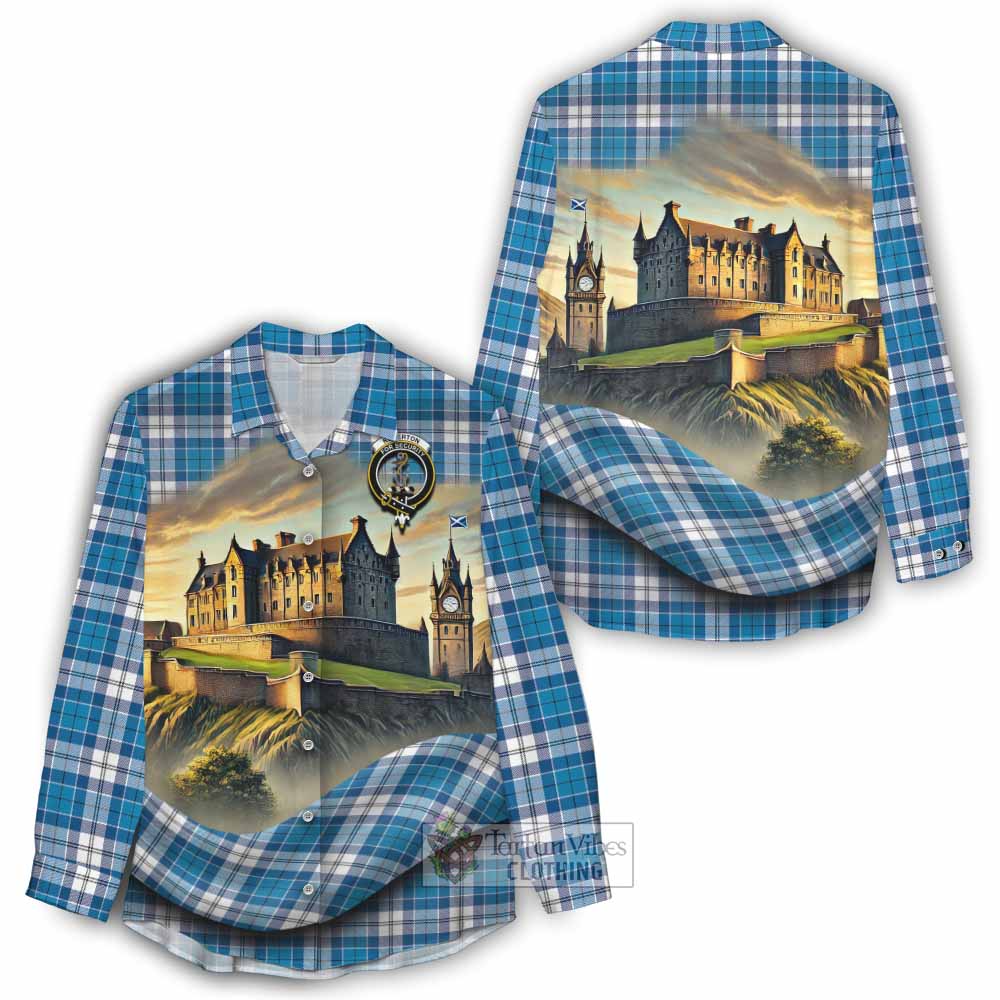 Roberton Tartan Family Crest Women's Casual Shirt with Scottish Ancient Castle Style - Tartan Vibes Clothing