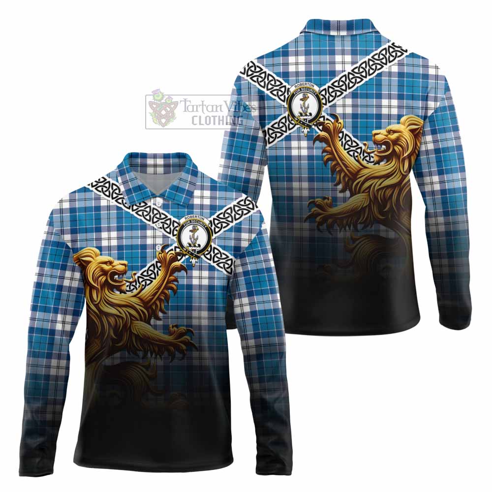 Roberton Crest Tartan Long Sleeve Polo Shirt with Golden Lion Emblem Celtic Style - Tartan Vibes Clothing