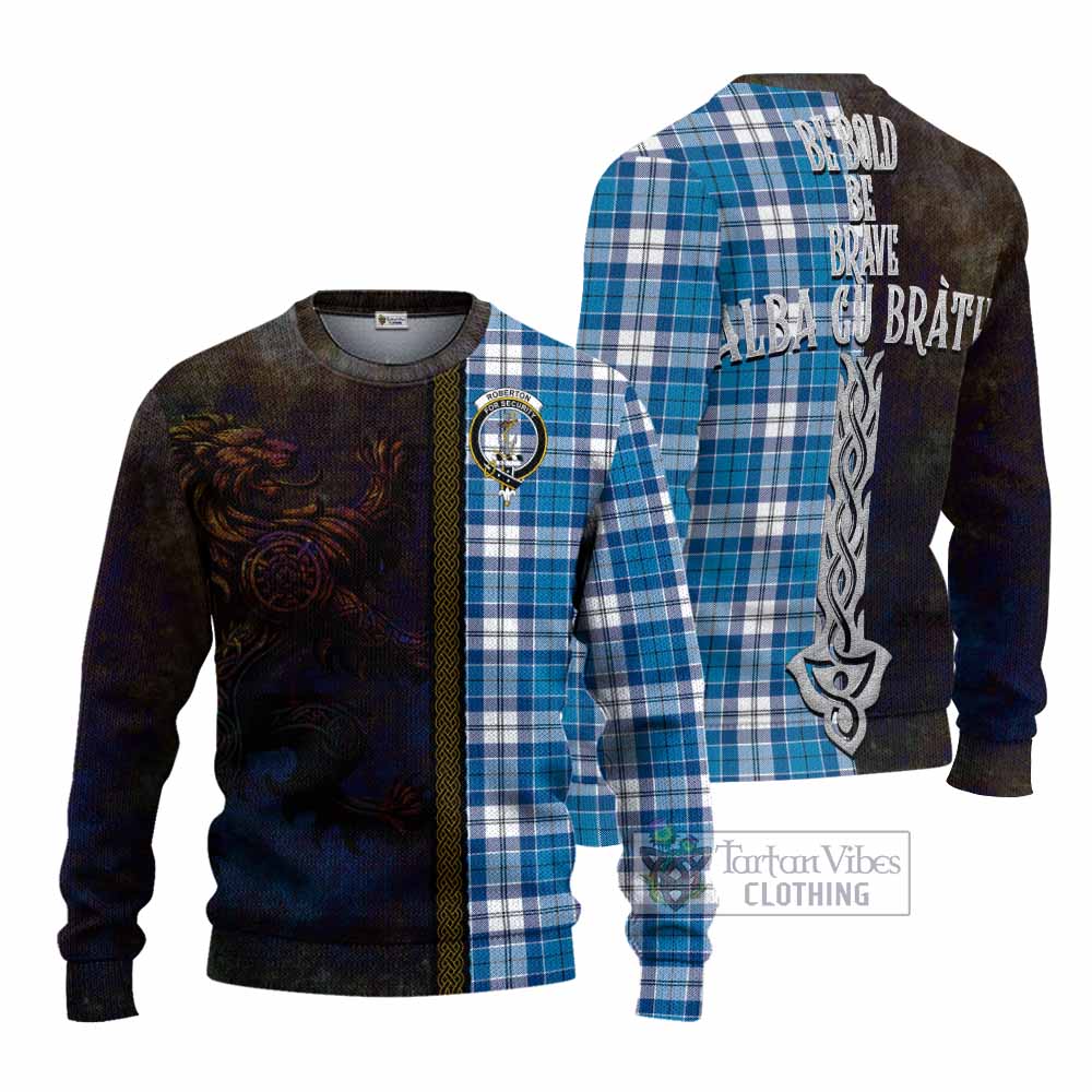 Tartan Vibes Clothing Roberton Tartan Family Crest Knitted Sweater Alba Gu Brath Be Brave Lion Ancient Style