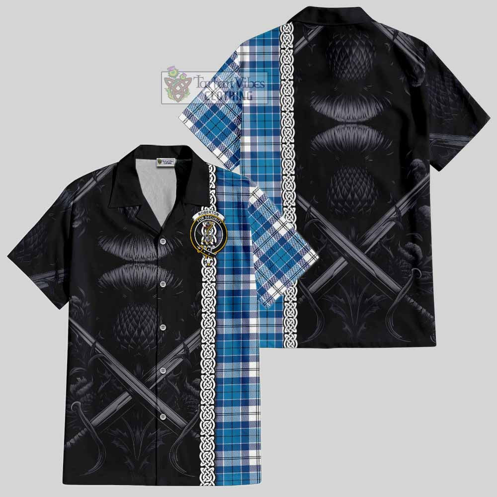 Roberton Tartan Hawaiian Shirt with Family Crest Cross Sword Thistle Celtic Vibes - Tartan Vibes Clothing