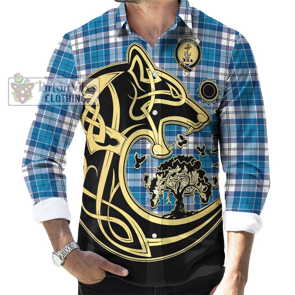Roberton Tartan Long Sleeve Button Shirt with Family Crest Celtic Wolf Style - Tartan Vibes Clothing