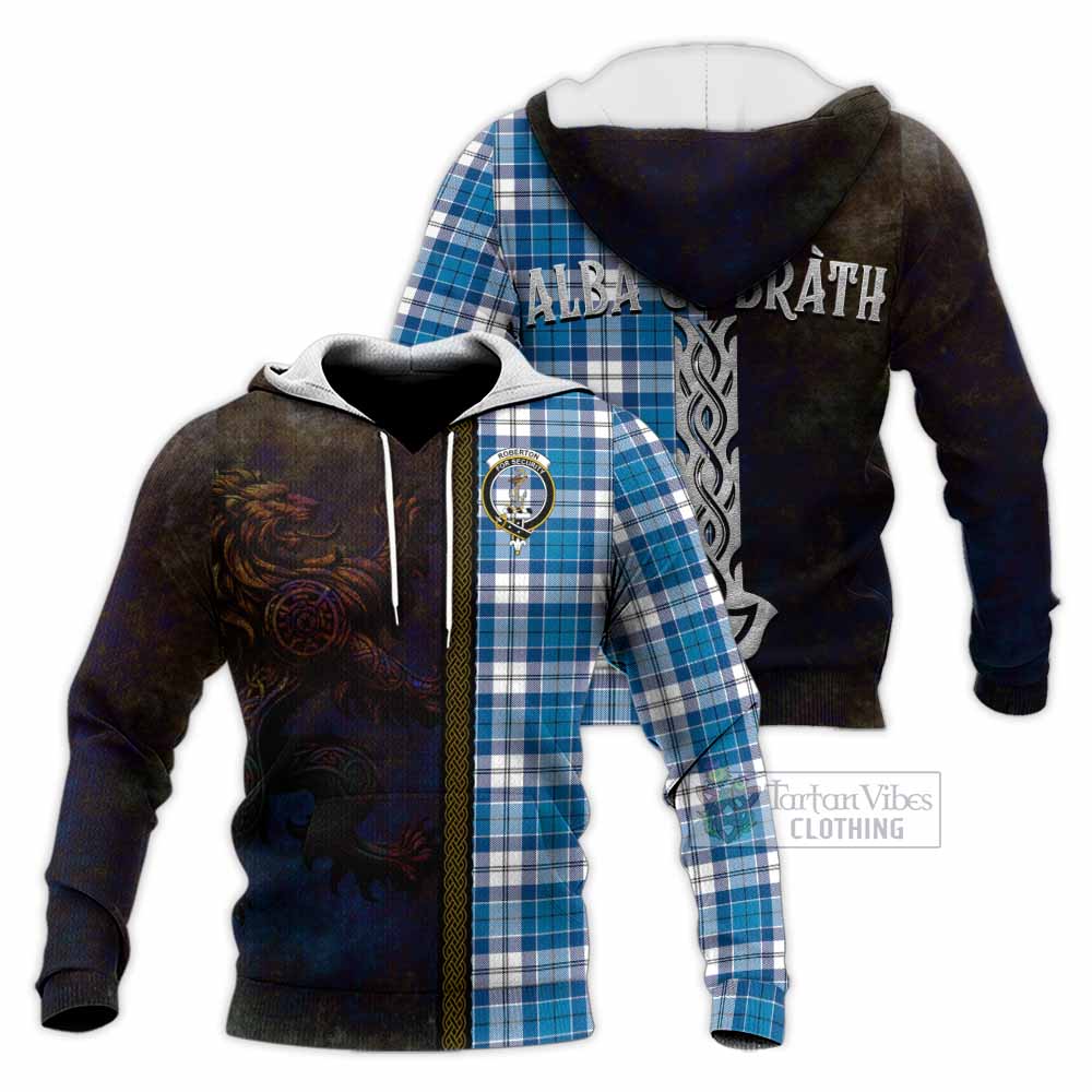 Tartan Vibes Clothing Roberton Tartan Family Crest Knitted Hoodie Alba Gu Brath Be Brave Lion Ancient Style
