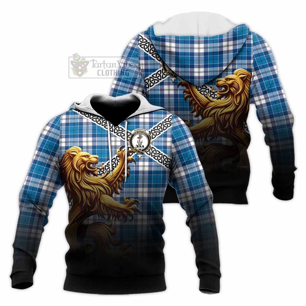 Roberton Crest Tartan Knitted Hoodie with Golden Lion Emblem Celtic Style - Tartan Vibes Clothing