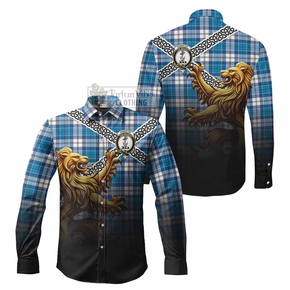 Roberton Crest Tartan Long Sleeve Button Shirt with Golden Lion Emblem Celtic Style - Tartan Vibes Clothing