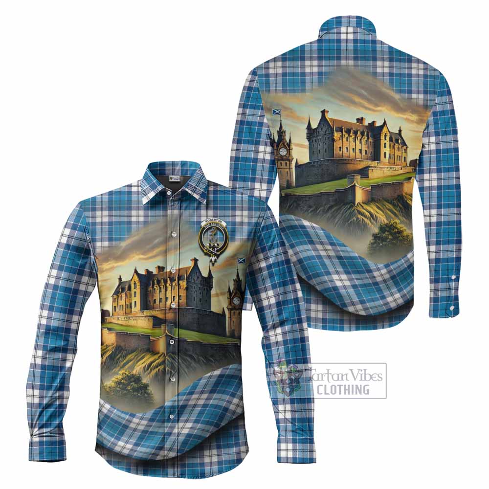 Tartan Vibes Clothing Roberton Tartan Family Crest Long Sleeve Button Shirt with Scottish Ancient Castle Style