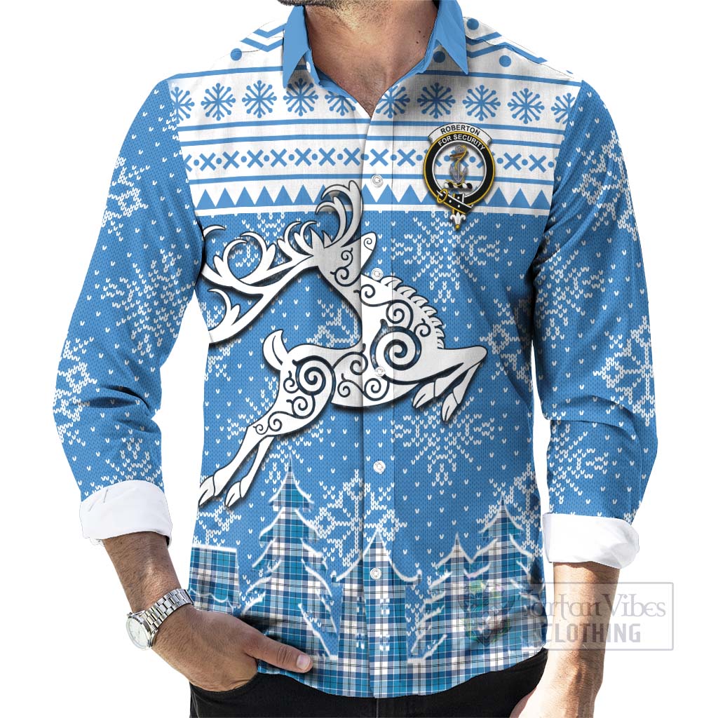 Roberton Clan Christmas Long Sleeve Button Shirt Celtic Reindeer Style - Tartan Vibes Clothing